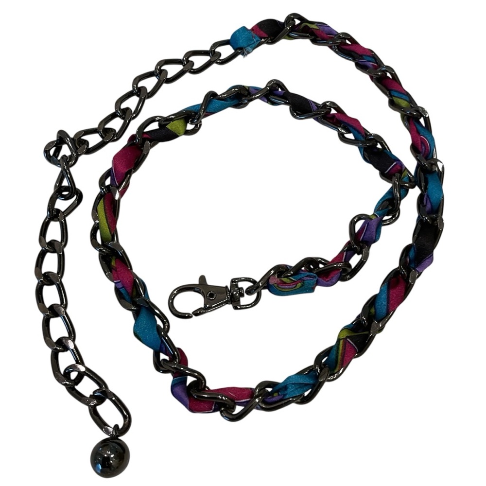 Heavy chain belt with colorful pucci style fabric intertwined, silver, black